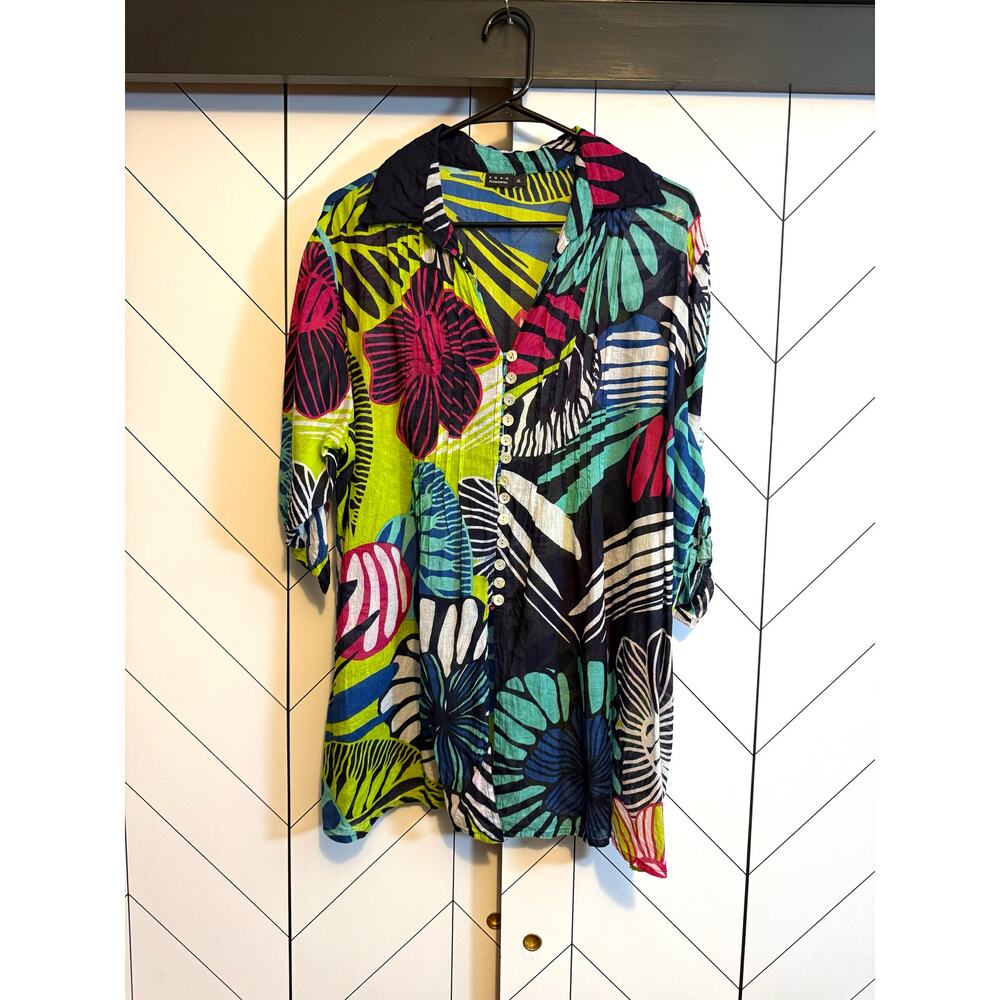 Koan Women’s XL Green Blue Tropical Floral Cotton Short Sleeve Pleated Tunic Top